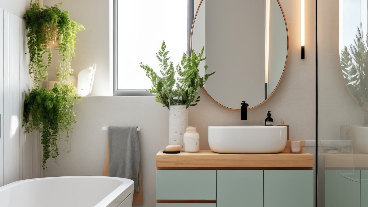 une jolie salle de bain moderne, décorée de nombreuses plantes